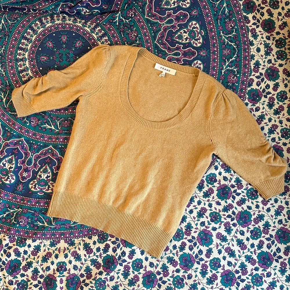 Frame Ruched Sleeve 100% Cashmere Scoop Neck Sweater, Small